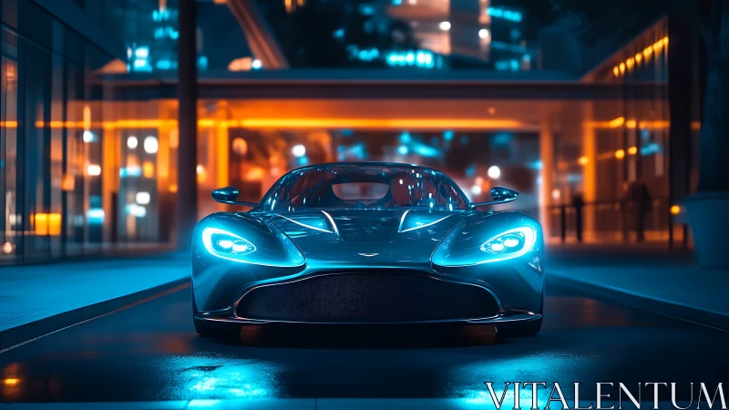 Neon blue supercar prowls through glowing midnight city streets.
