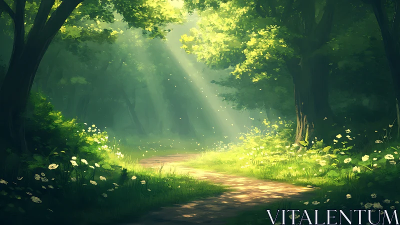 Forest Path with Sunlight Through Green Canopy.