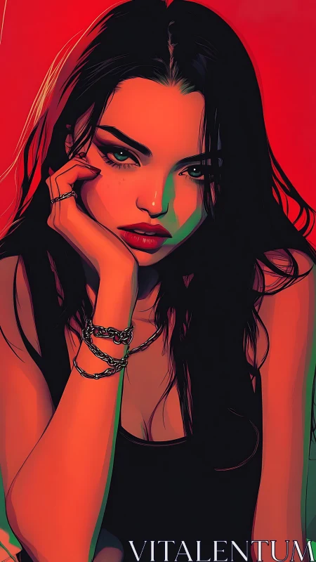 Chromatic portrait of pensive woman under dual-color lighting.