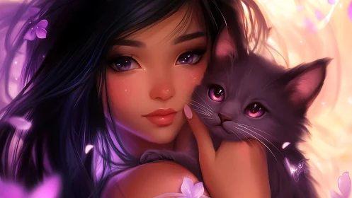 Ethereal Character Portrait with Mystical Feline Companion.