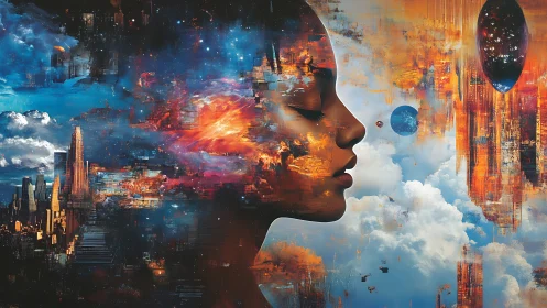 Dreaming in color between city lights and cosmic skies.