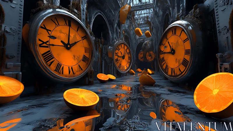 Glowing orange clocks and citrus slices in a dreamy corridor.