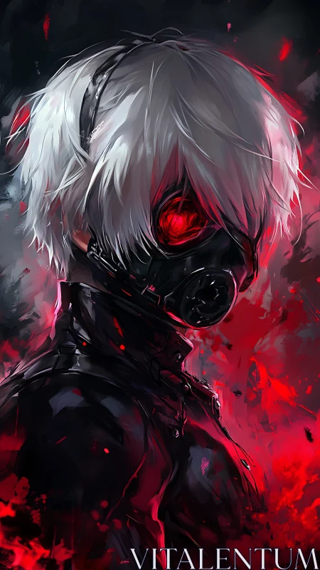Masked white haired figure is rendered amid red digital effects