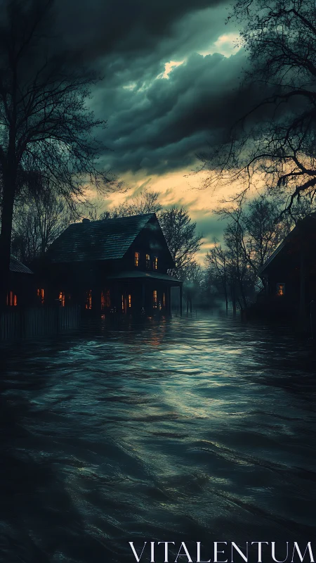 Moody riverside houses glow softly beneath a stormy sky
