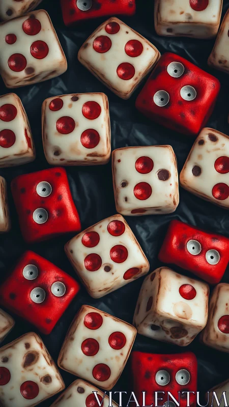Close-up of stylized red and white dice on dark surface.