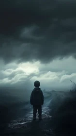 Small wanderer beneath storm-bellied twilight clouds.