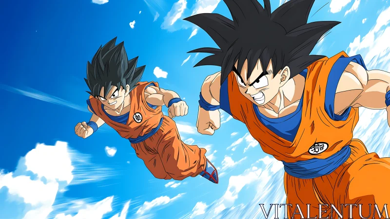 Sky-scorching martial duo racing through cobalt clouds.