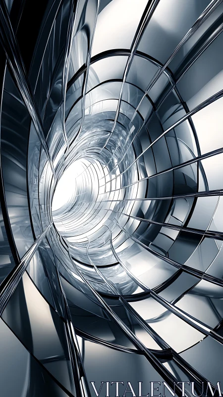 Futuristic chrome tunnel curves toward a radiant white core.