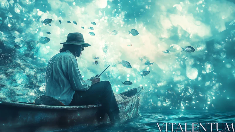 Solitary fisherman drifts through a luminous underwater dreamscape