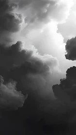 Monochrome storm clouds with dramatic light shaft skyward.