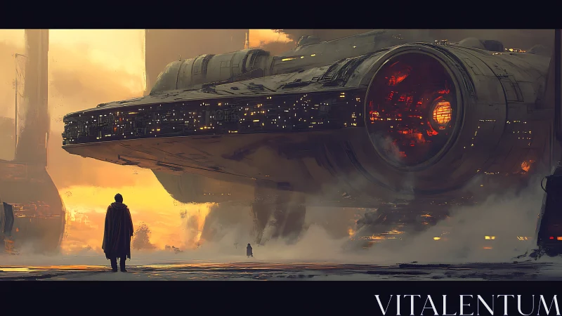 Colossal starship departure above cloaked lone figure.