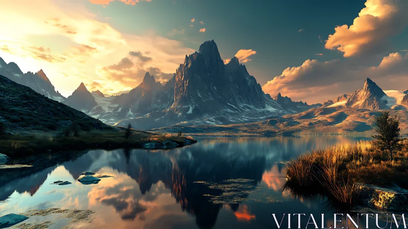 Sunlit mountain peaks mirrored in tranquil alpine lake.