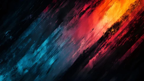 Diagonal Abstract Painting with Fiery Red and Cool Blue Streaks.