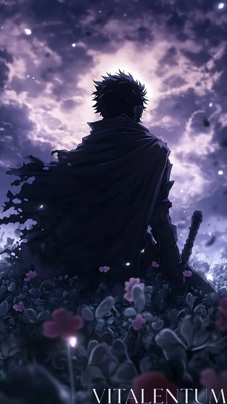 Solitary cloaked swordsman in moonlit clover field at dusk.