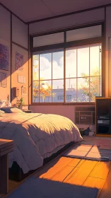 Sunlit anime bedroom with warm autumn city view.