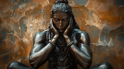 Bronze meditative deity statue with closed eyes in repose.
