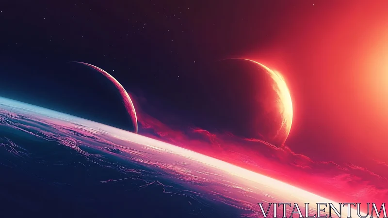 Dual planetary bodies above illuminated horizon in space.