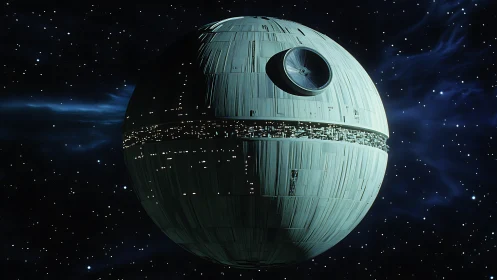 Starlit battle station drifts like a cold mechanical moon.