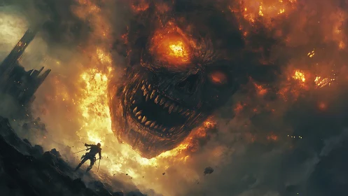 Warrior confronts colossal flaming skull in stormy wasteland