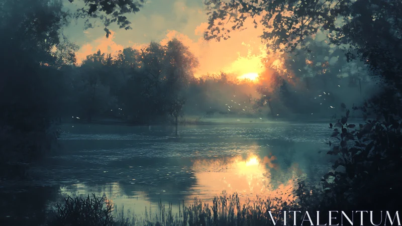 Sunset light over quiet forest lake with reflections.