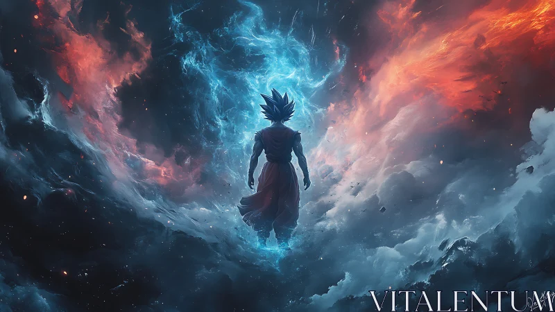 Cosmic warrior strides between colliding storms of fire and ice