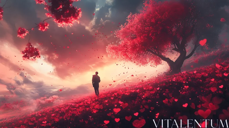 Silhouetted figure standing in field of floating red hearts.