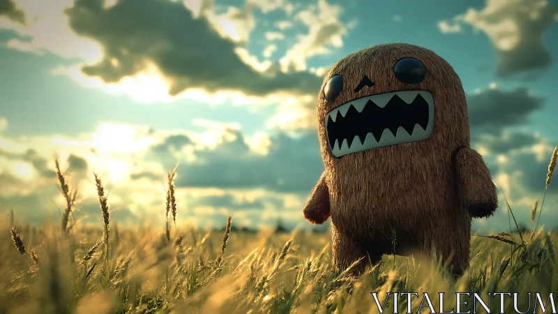 Furry monster roams a sunlit wheat field at golden hour.
