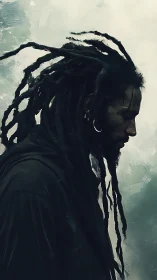 Profile view depicts figure with long locs in muted lighting