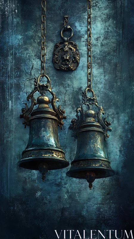 Baroque bronze bells hang against oxidized teal stone wall