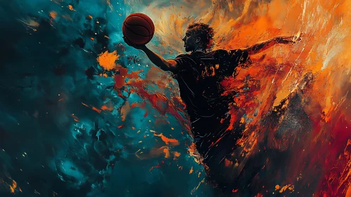 Fiery basketball leap through swirling color and motion.