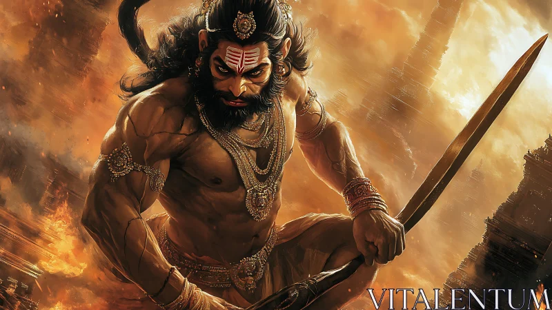 Mythic warrior figure with sword in fiery urban landscape.