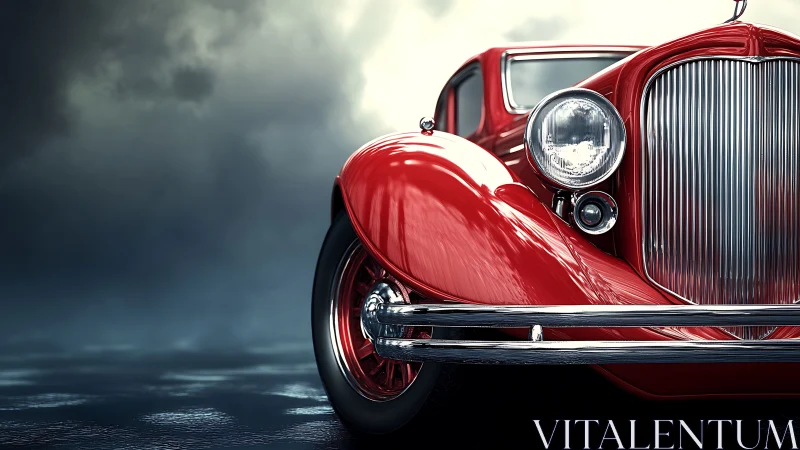 Radiant red classic car shining against stormy skies.