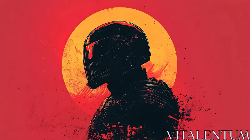 Silhouetted space soldier stands against a blazing red sun