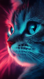 Dual-Tone Feline Portrait: Neon Chromatic Separation and High-Contrast Lighting