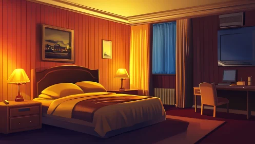 Warm hotel bedroom interior with soft evening lamplight