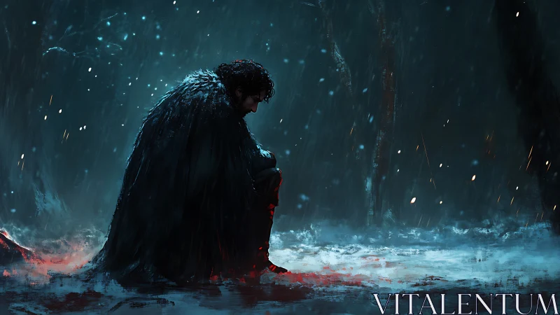 Solitary cloaked figure kneels in a storm of snow and sorrow