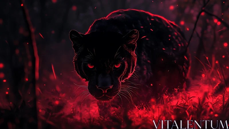 Midnight panther glowing in an otherworldly red forest.