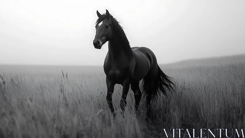Solitary horse standing quietly in misty open grassland.