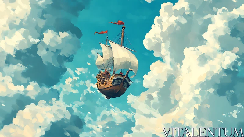 Sailing vessel is depicted suspended among dense sky clouds