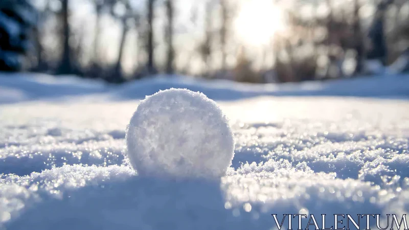 Snowball resting on sunlit sparkling winter field.