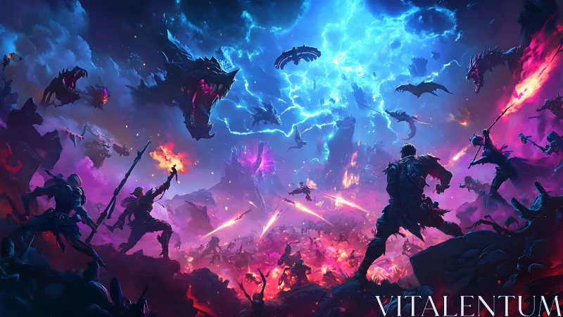 Mythic warriors confront stormlit dragons in cosmic siege.