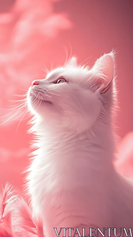 White Cat Portrait Against Soft Pink Gradient Background.