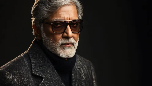 Studio portrait of older man in gray overcoat and dark glasses