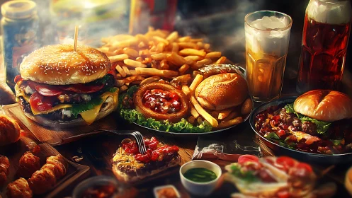 Assorted burgers, fries and drinks on crowded tabletop.