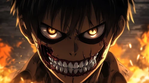 Intense anime portrait with horrific split grin and flames.