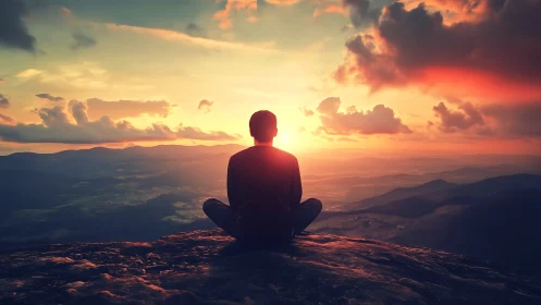 Solitary figure meditating over glowing mountain sunset.