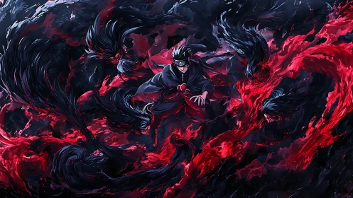Dark robed ninja amid swirling black forms and red energy.