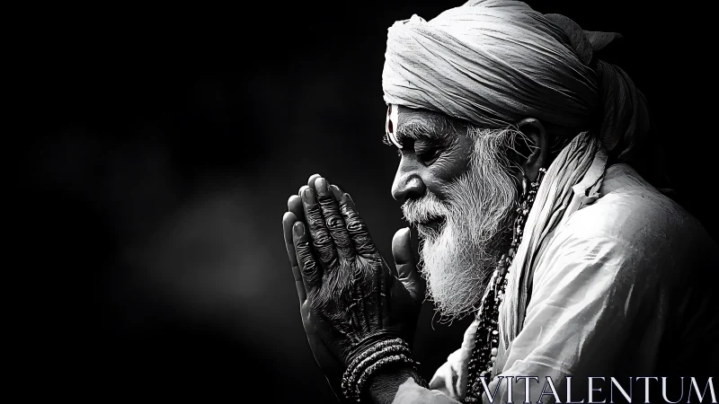 Monochrome elder in profile, folded hands, high-contrast light