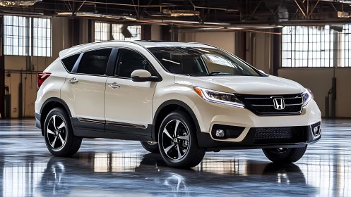 White Honda crossover SUV in industrial indoor setting.
