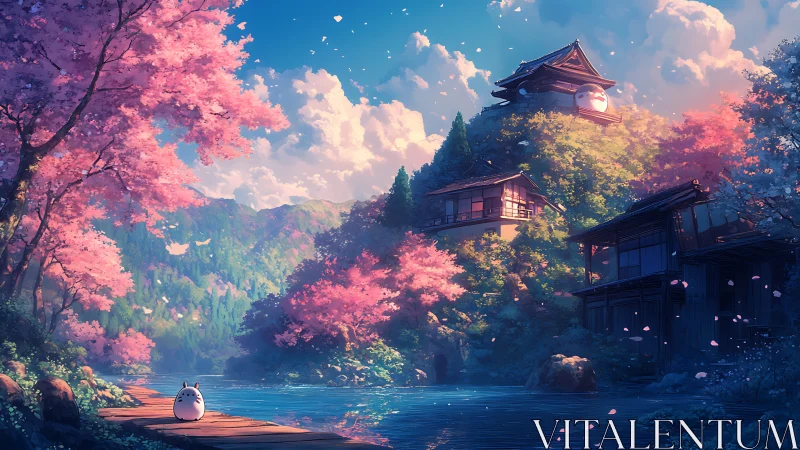 Cute forest spirit by riverside under pink cherry trees.